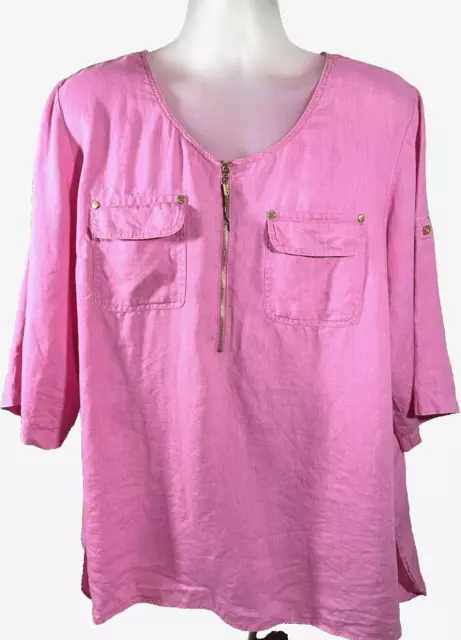 Ellen Tracy Linen Top Women's 2X Pink Tunic Pockets Roll Tab Sleeve Flowy T5