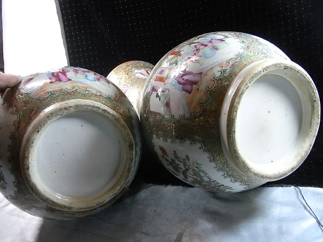 Ancienne Grande Paire De Vases Porcelaine Emaille Canton Chine Chinese Asiatique 9