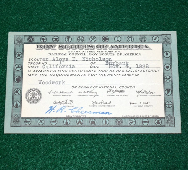 VINTAGE BOY Scout 1938 Woodwork Merit Badge Card 4.95 PicClick