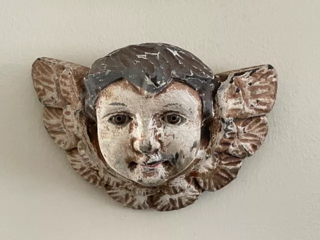 Antique Carved Wood Polychrome Putti Angel Head with Glass Eyes