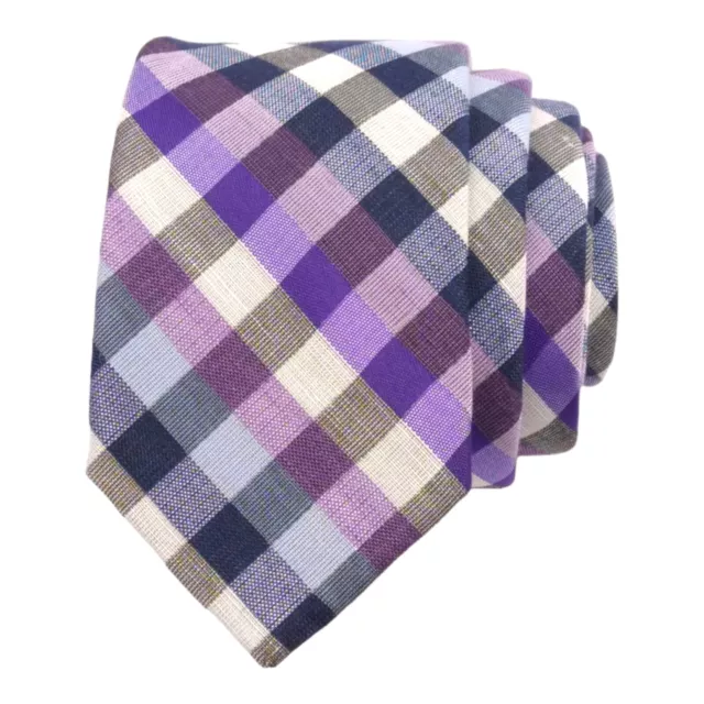 Nordstrom Rack Mens Slim Tie Linen Cotton Purple White Check Narrow Necktie