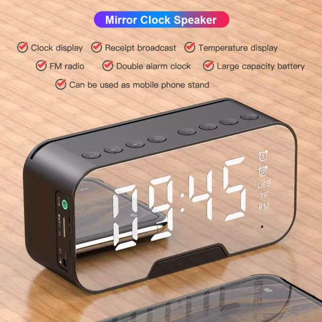 Digital Dual Alarm Clock FM Radio Mirror LED w/Wireless Speaker USB Rechargeable