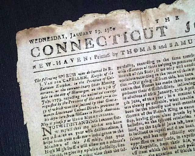 Rare NEW HAVEN Connecticut American Revolutionary War 1780 Broadsheet Newspaper