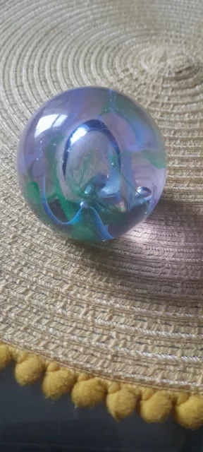 Caithness Scotland Moon Crystal Glass Paperweight Blue Purple Green Round Swirl