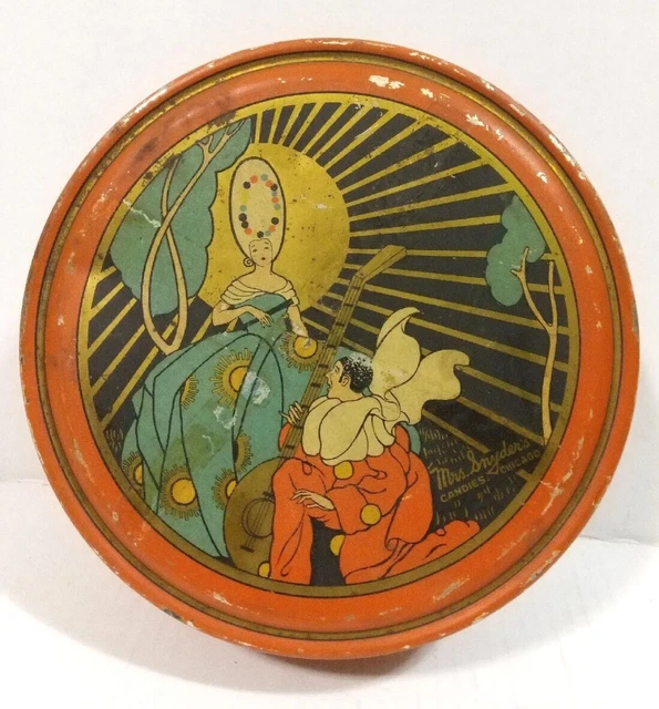 Art Deco Mrs. Snyder's Candies Tin Candy Box Chicago Clown Marie Antoinette VTG