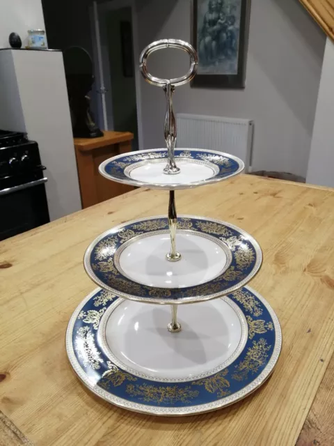 Wedgwood Columbia blue and gold R4509  three tier cake stand