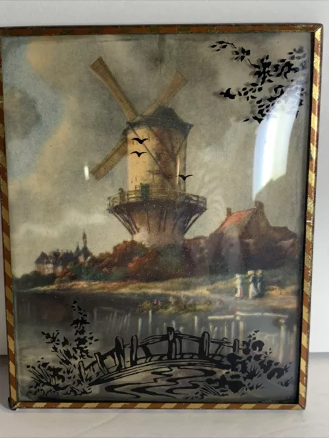 Vtg Convex Glass Reverse Paint Dutch Windmill Small Watercolor Print 4x5.25”