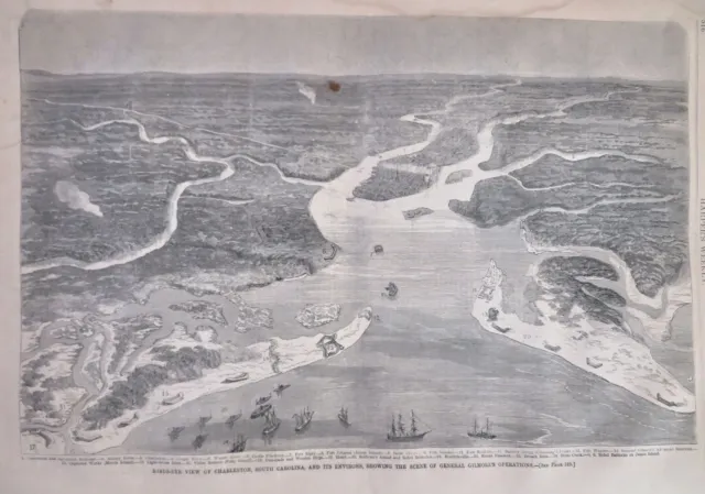 Morgan's Raid Charleston SC Bird's Eye View 1863 Harper's Civil War newspaper