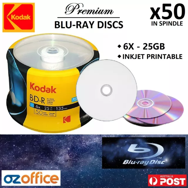 50 x Kodak Blank Blu-Ray Discs 25GB BDR 6X White Inkjet Full Hub Printable Disc