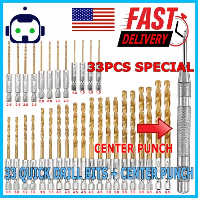 32PCS Drill Bit Set Titanium Coated HSS High Speed Steel Hex Shank Quick Change