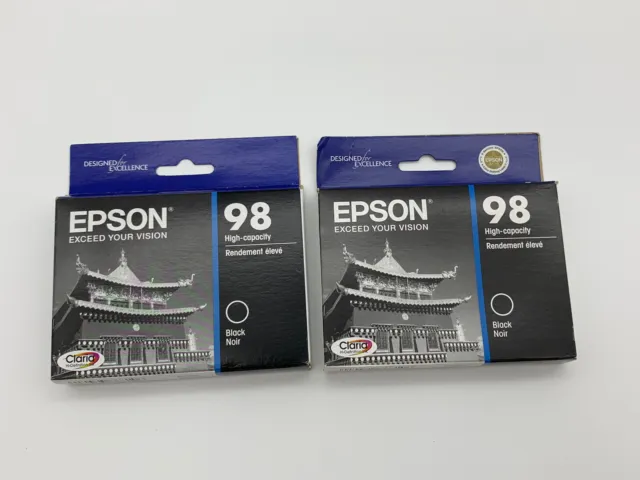 (x2) Epson 98 High Capacity Black Ink Cartridge Lot T098120 Expired 8/20 & 6/16