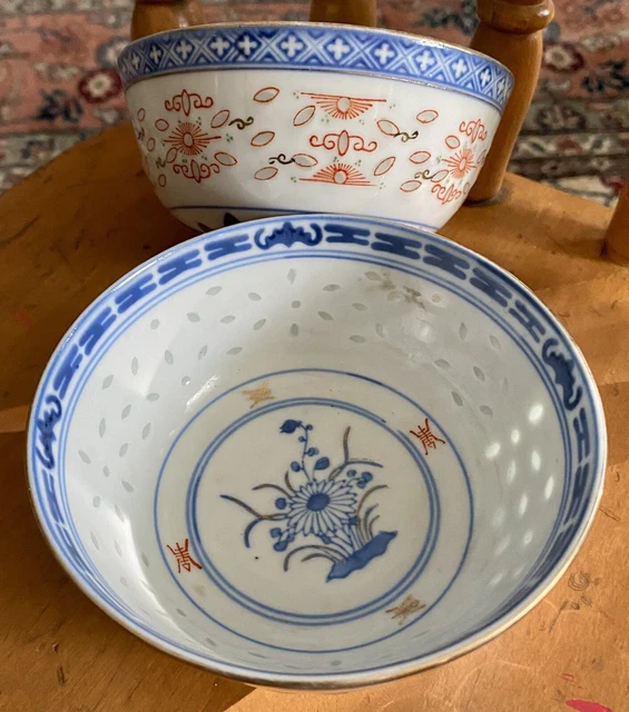 Vintage Set of 2 Rice Bowls | Chinese Porcelain | Gold Trim Blue & White 4.25"