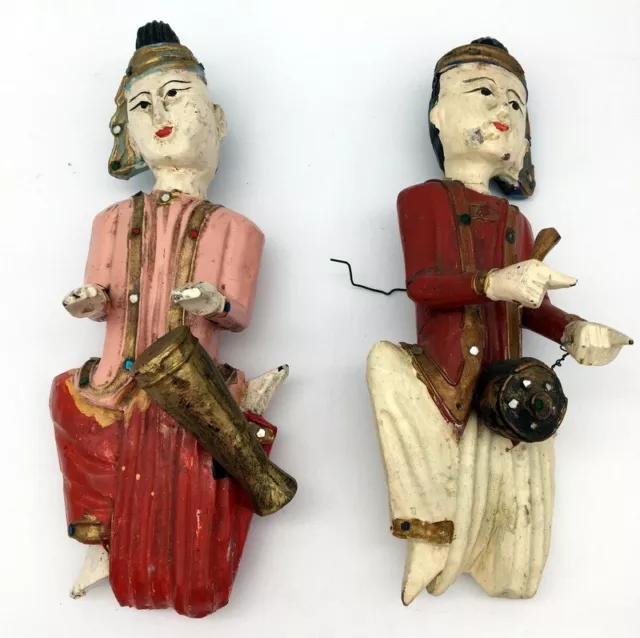 Set of 2 Burmese Painted Hand-Carved Wooden Temple Musician Figurines 10 inches