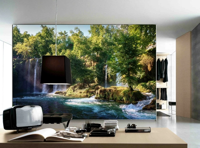 3D GREEN FOREST Tree Waterfall Self-adhesive Removable Wallpaper Murals ...