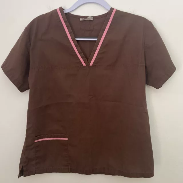 Urbane Scrubs Scrub Top Medical Uniform Brown Pink V-neck Small