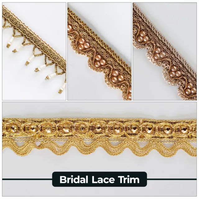 4M Pearl Beaded Lace Scalloped Edge Metallic Ribbon Trim DressBorder Fringe Lace