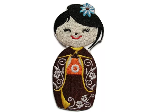 Japanese Asian Geisha Doll Brown Embroidered Iron On Patch Applique 3.75 Inches