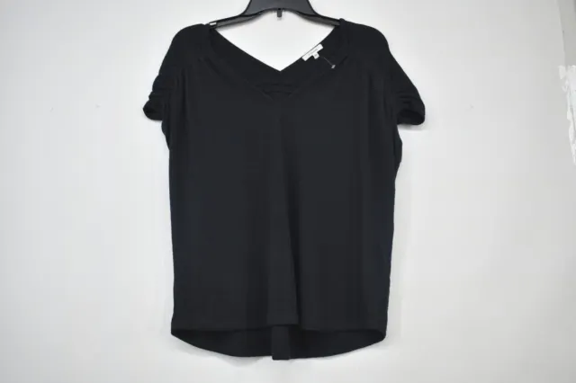 Pleione Womens Black V-Neck Shirred Shoulder Short Sleeve Textured T-Shirt S