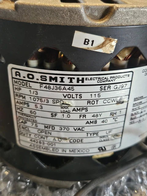 Moteur De Ventilateur A.O. Smith F48J36A45 - 1/3 CV, 115V, 1075 Tr/min, 3 Vitesses, Occasion