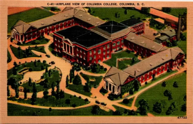 Linen Postcard Aerial View Columbia College South Carolina SC UNP