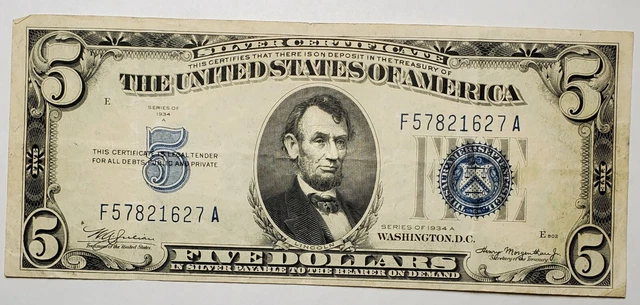 1934 A Five Dollars Silver Certificate F57821627A United States $5