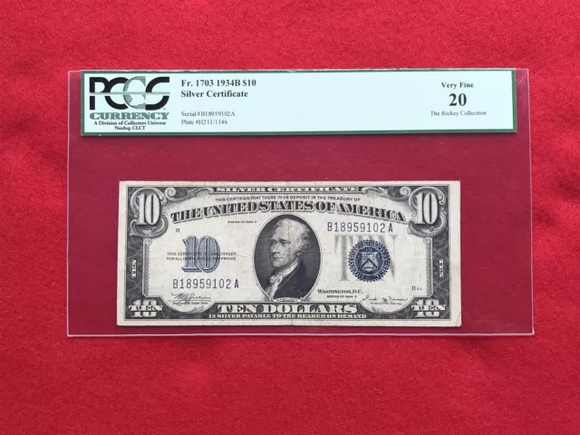 FR-1703 1934 B Series **KEY NOTE** $10 Silver Certificate *PCGS 20 Very Fine*
