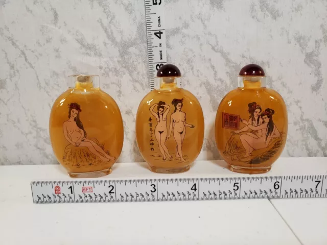 Vintage Asian Glass Inside Painted Snuff Bottle Set Nude Woman Art