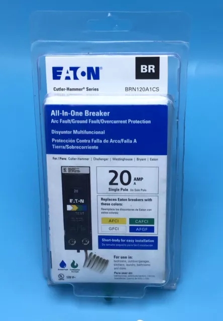 New Circuit Breaker Eaton BRN120A1CS BRN120DF 20 Amp 1 Pole Dual GFCI/AFCI