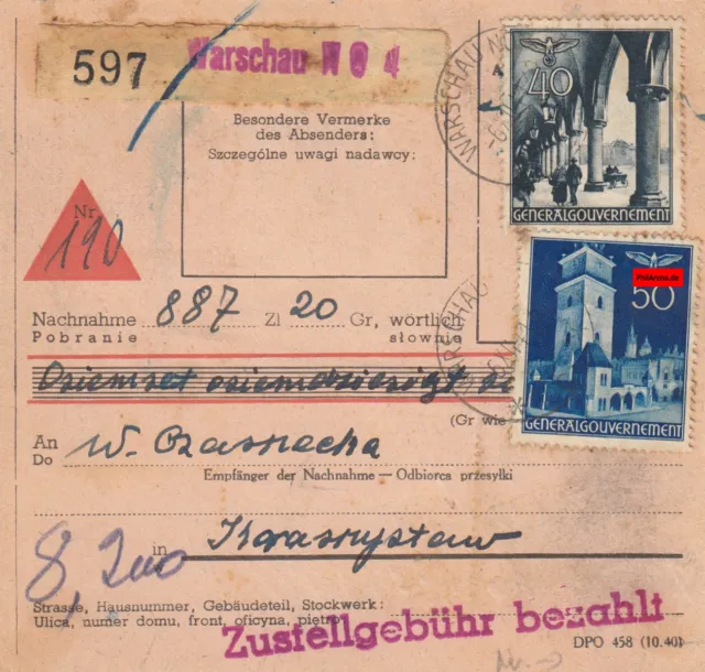 GG Inlandspaketkarte Warschau, Nachnahme nach Krasnystaw, sehr seltenes Formular