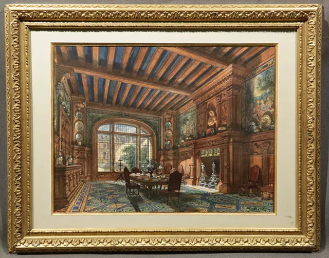 19th Century Italian 1882 Beautiful Interior Depicted Dining Room Architectural