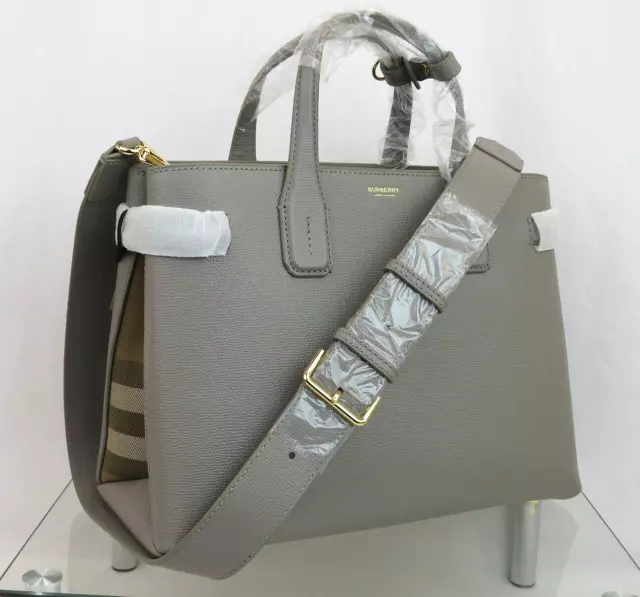 $1790 Burberry Md Banner Taupe Gray Leather Check Shoulder Medium Tote Bag