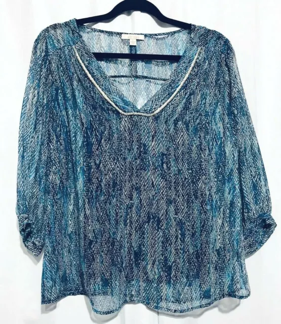 Ella Moss Top Womens Small Blue Sheer Embellished Peasant V Neck Flowy Boho