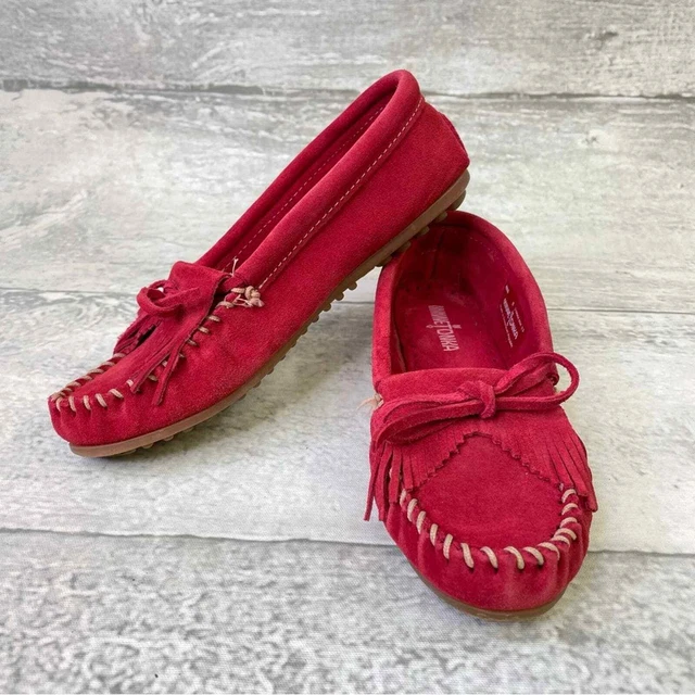Minnetonka Unbeaded Kilty Moccasin Red Slip On Shoes Leather Fringe Flats Sz 8