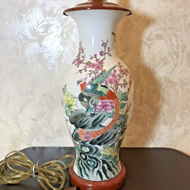 Vintage Asian Style Porcelain Table Lamp Brass Finial Peacock Cherry Tree 29.5"H