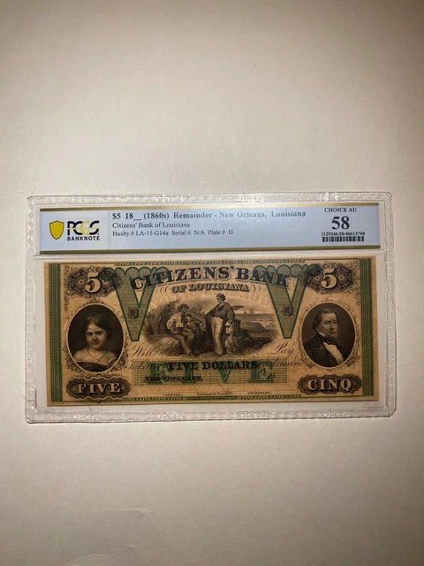 Citizens’ Bank Of Louisiana New Orleans $5 1860s Remainder