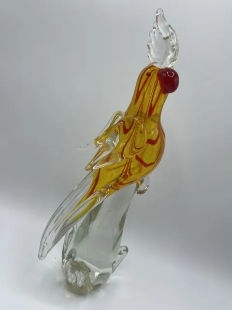 Cockatoo Art Glass Yellow Red Gold Clear Parrot Cockatiel Bird Sculpture 14”