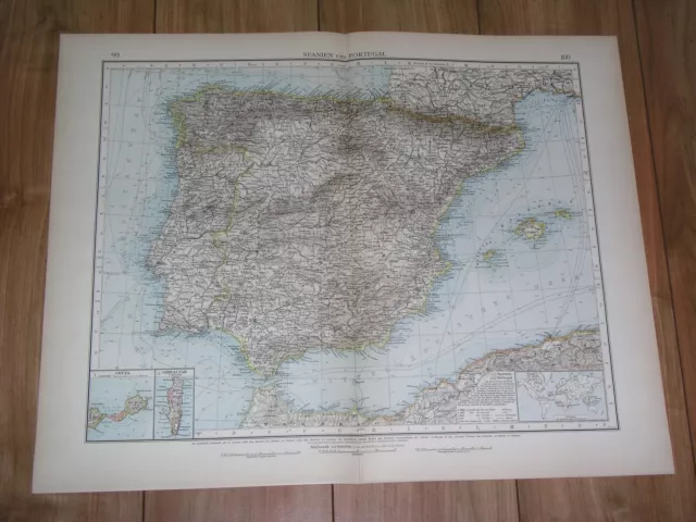 1899 Antique Map Of Spain Portugal Catalonia Balearic Islands Gibraltar Ceuta