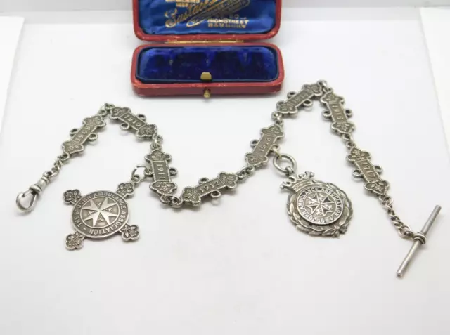 Sterling Silver St. John's Ambulance Watch Chain Antique 1909-1917 Fobs & Dates