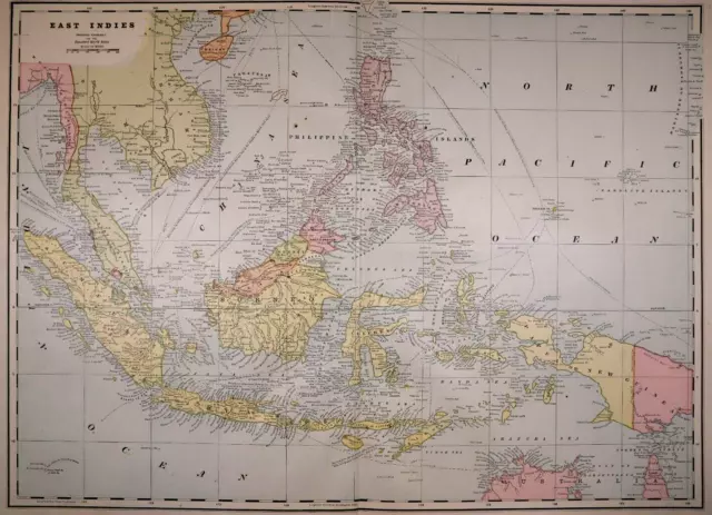 Old X-Lg (17"x23") 1889 Cram's Atlas Map ~ EAST INDIES - BORNEO - JAVA - ANNAM