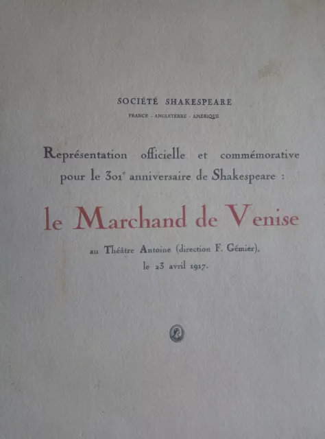 Programme Le marchand de Venise Shakespeare au théâtre Antoine le 23 avril 1917 2