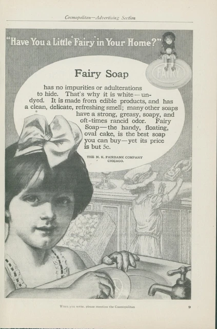 1910 Fairy Soap Undyed Sink Girl Store Counter Bow Cap Fairbank Vtg Print Ad CO2