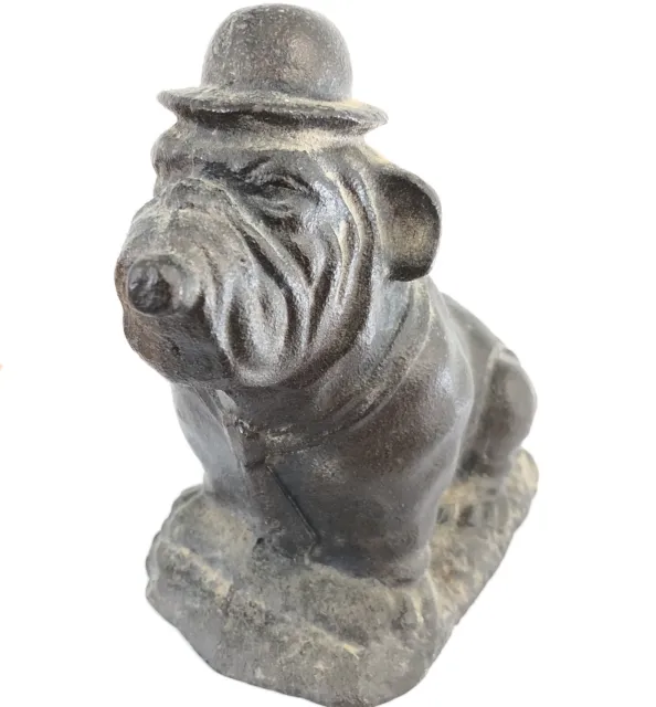 Vintage Cast Iron English Bulldog Statue Doorstop, With Hat, Tie, Smoking Cigar