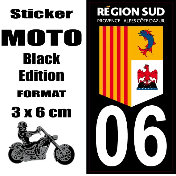 Sticker style Immatriculation Plaque MOTO black NOIR Département REGION SUD 06