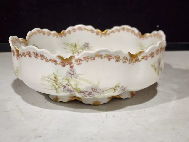 Antique Haviland Limoges France Hand Painted Serving Bowl Purple Flowers Gold