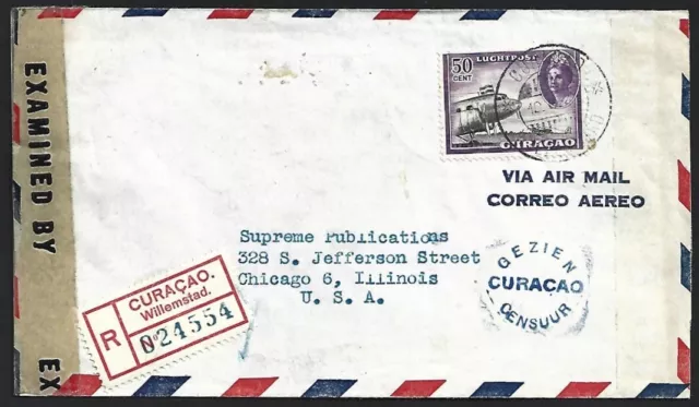 (AOP) Curaçao WW2 1944 dual censored registered cover to the US