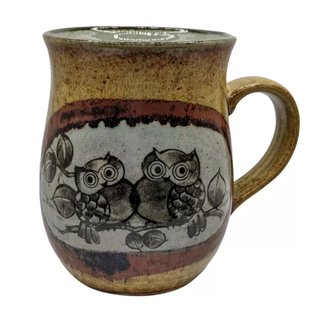 Vintage Owls Branch Mug Brown Speckle Drip Glaze Coffee Birds Stoneware Pottery