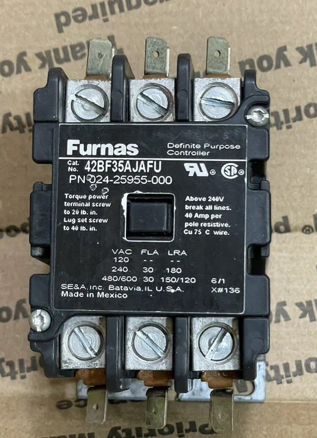 Furnas 42BF35AJAFU York Luxaire 024-25955-000 Definite Purpose Contactor 3 Pole