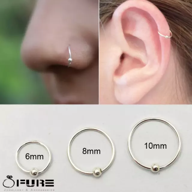 PAIR Sterling Silver Ball Tiny Hoop Cartilage Huggie Tragus Lip Nose Ear Rings