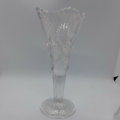 American Brilliant Cut Clear Glass Trumpet Bud Vase 8"