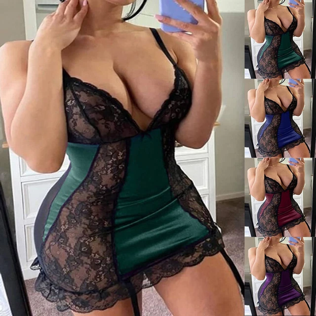 Womens Sexy Hollow Lace Trim Nightdress Babydoll Sheer Mesh Lace Sleepwear Robes